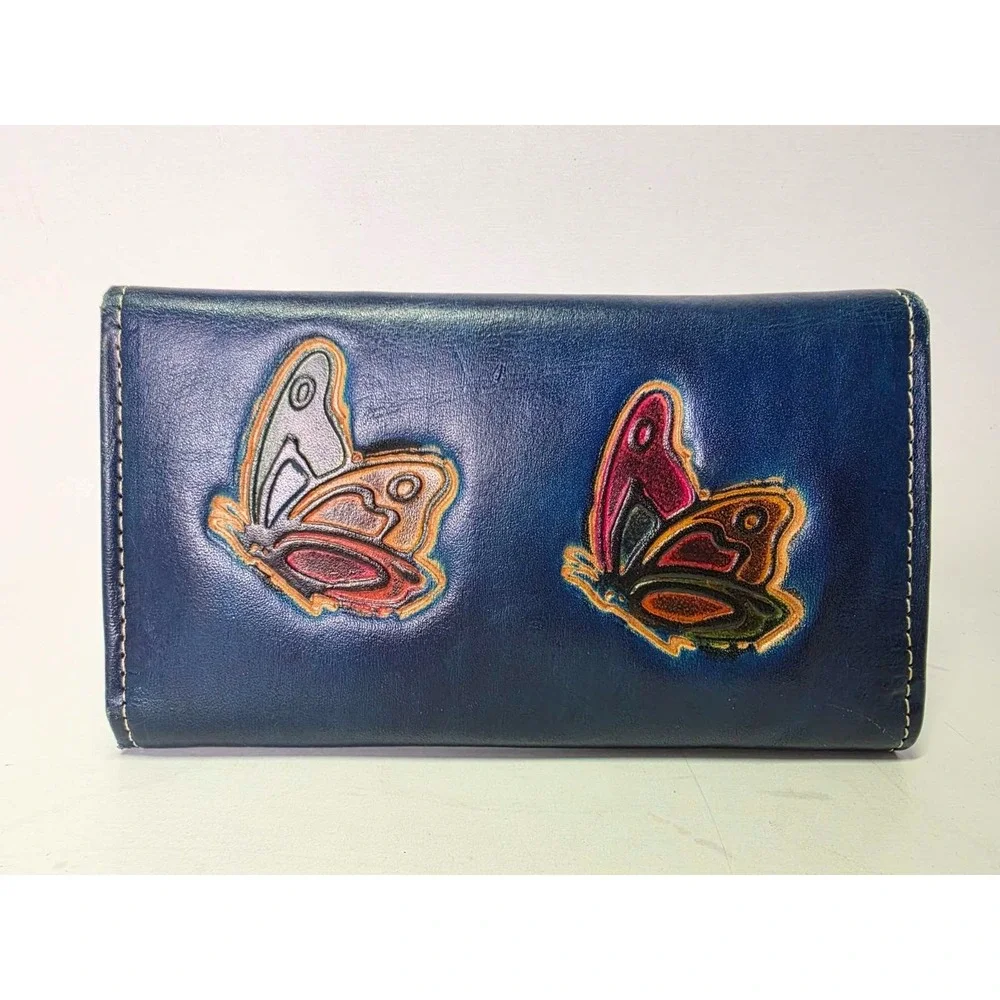 Hand-Painted‎ Leather Credit Card Wallet With Floral Butterfly Print Check Book